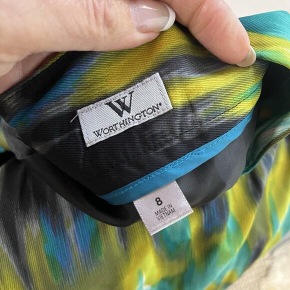 Worthington Skirt sz 8 Blue Green Watercolors A Line Pleated Knee Career Church - Picture 7 of 7